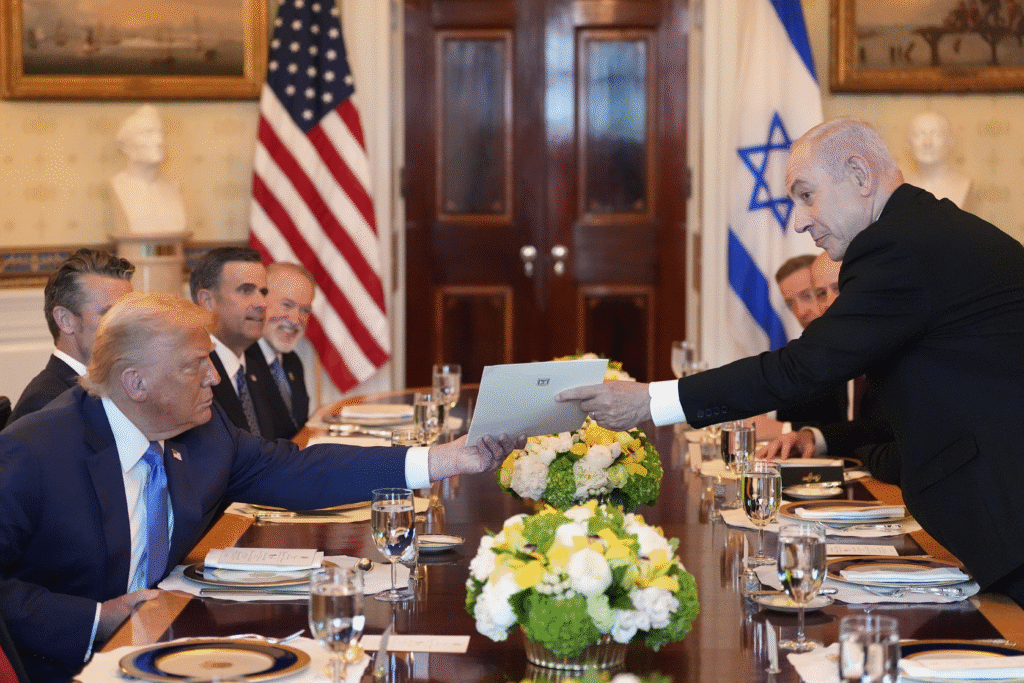 Trump with Netanyahu Nobel Peace Prize Letter in White House